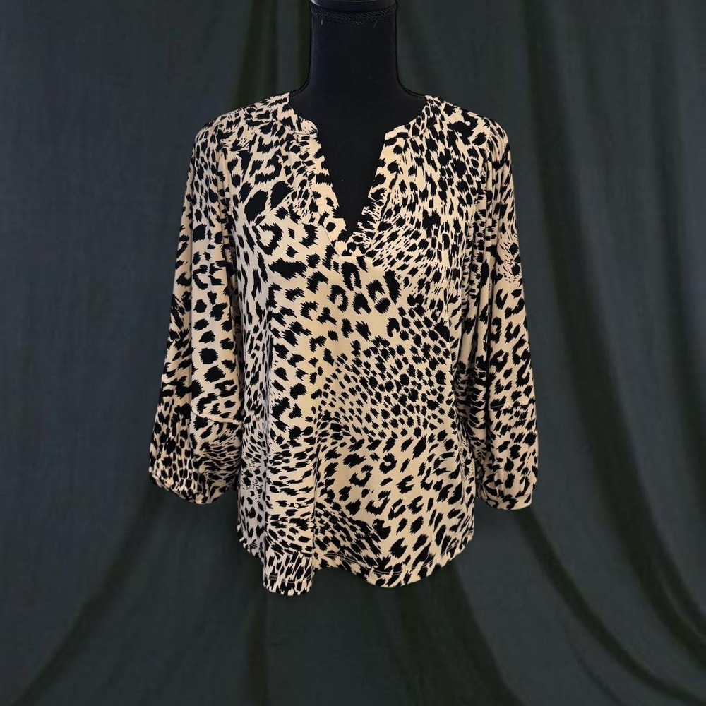 Banana Republic Leopard Print V-Neck Balloon Sleeve Blouse Tan Black Medium